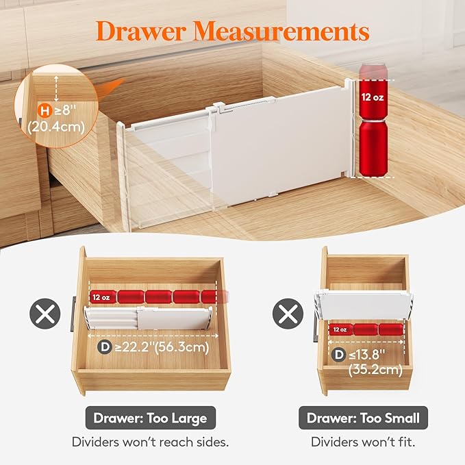 Lifewit 8" High 8 Pack Deep Drawer Dividers, 35 –55cm/13.8-22.5" Adjustable Dresser Drawer Divider, White Drawer Organizer for Clothes, Tall Drawer Separator for Dresser Kitchen Bedroom Cabinet Office