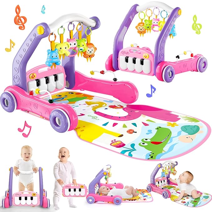 4-in-1 Baby Gym Play Mat with Learning Walker, Tummy Time Mat & Baby Push Toys for Newborn Infant 0-3-6-9-12 Month Boy Girl, Babies Activity Center with Play Piano & Lights, Ideal Toddler Babies Gifts