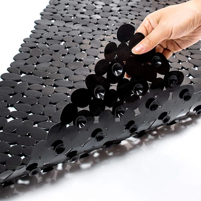 Bath Tub and Shower Mats, Non-Slip Pebble 35 x 16 Inches Machine Washable Bathtub Mat with Drain Holes, Suction Cups for Bathroom (Black)