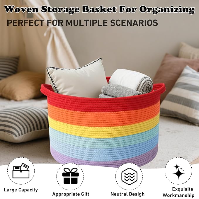 Large Storage Basket with Handle,19.7" L x 19.7" W x 13" H Blanket Basket Storage Bins for Organizing,65L Cotton Rope Woven Baskets for Living Room, Nursery,Bedroom,Rainbow