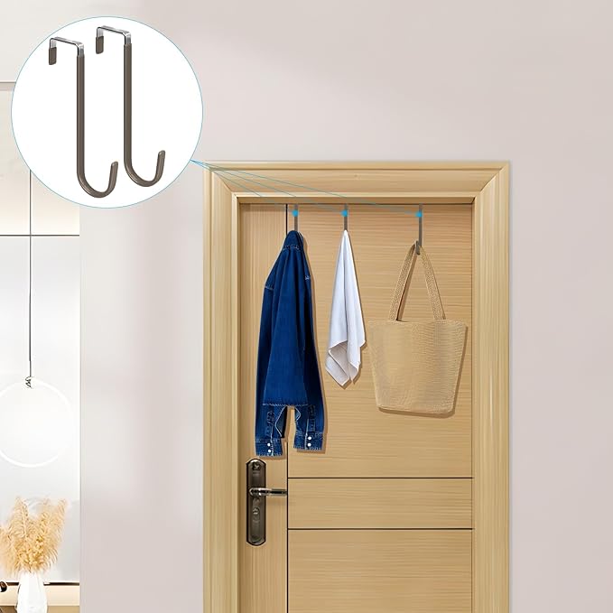 FYY Over the Door Hooks, 4 Pack Upgraded Long Door Hangers Hooks with Rubber Prevent Scratches Heavy Duty Organizer Hooks for Hanging Clothes, Towels, Hats, Coats, Bags Brown