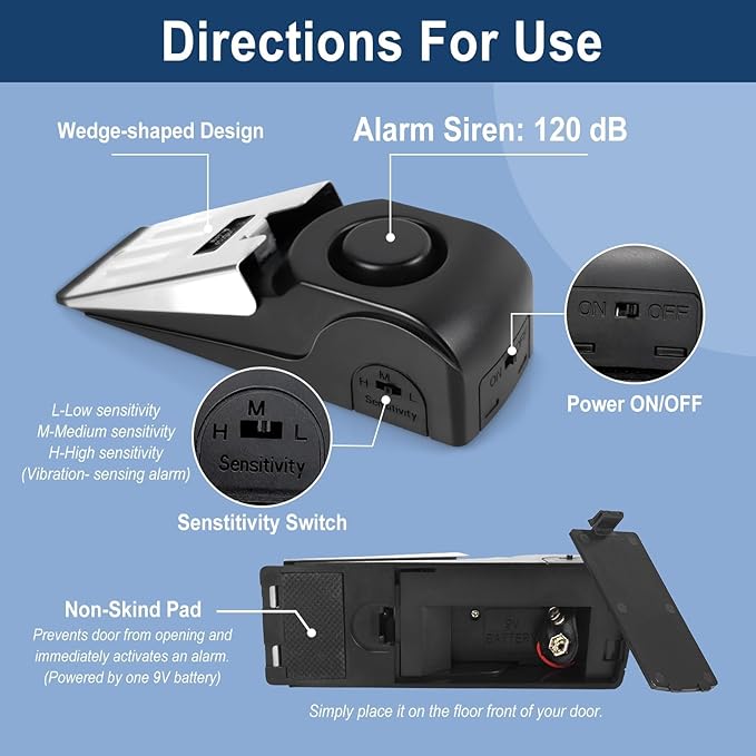 2 Pack Door Stop Alarm with Adjustable Portable Door Lock 120 dB Travel Door Stopper Door Wedge Alarm with 3 Levels Sensitivity for Hotel, Home, Apartment