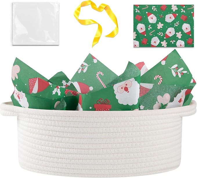 OIAHOMY Gift Basket with Handle, Small Woven Basket with Gift Bag, Ribbon and Wrap Tissue Paper, Nursery Bins Empty to Fill with Small Items, Baby, Pet Toy Organizer - White & Green