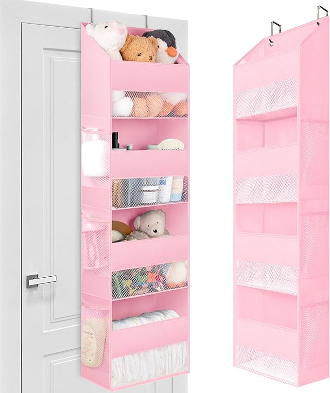 GRANNY SAYS Over The Door Organizer, 4-Shelf Behind The Door Storage with 6 Pockets, Waterproof 300D Oxford Fabric Hanging Organizer, Anti Tilt 35lb Load Shelf for Nursery, Kids Room, Bedroom, Pink