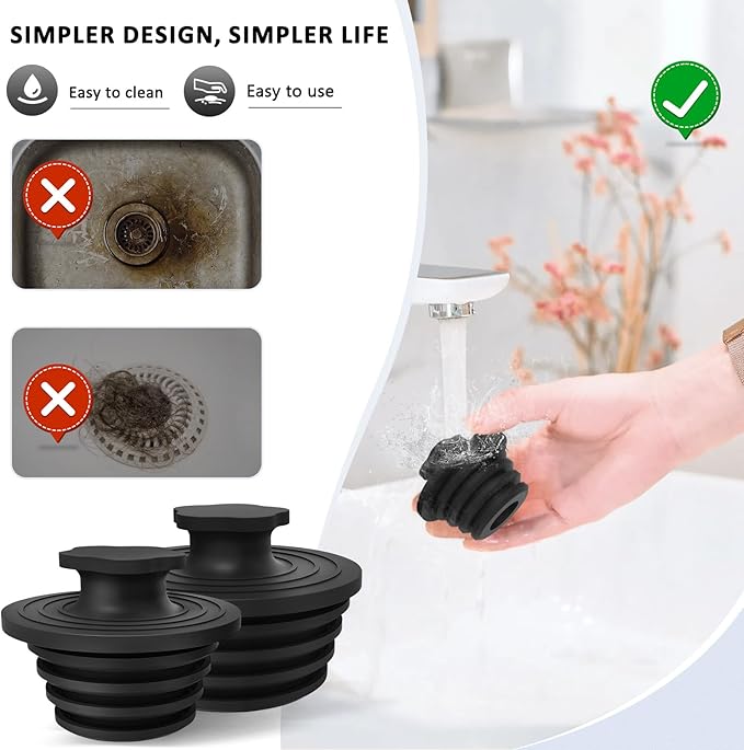 Bathtub Drain Stopper - 2 Pack Silicone Universal Shower Drain Cover, Tub Stopper Bathtub Drain for Bathroom, Tub, and Shower Drain - Easy Install Shower Drain (Black)