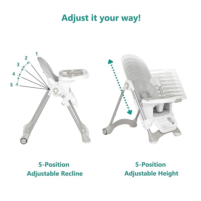 Dream On Me Solid Times High Chair for Babies and Toddlers in Grey, Multiple Recline and Height Positions, Lightweight Portable Baby High Chair, 5 point Safety Harness, Easy to Clean Surface