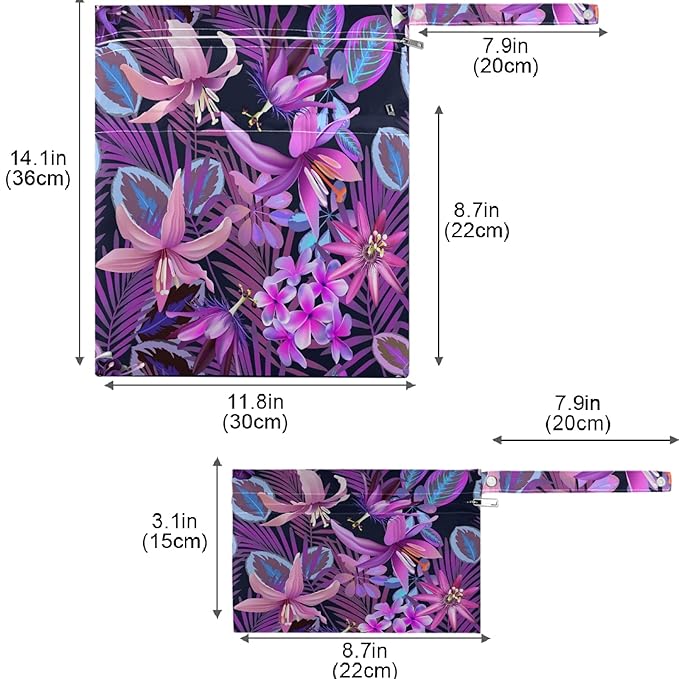 visesunny Tropical Purple Flower Palm 2Pcs Wet Bag with Zippered Pockets Washable Reusable Roomy for Travel,Beach,Pool,Daycare,Stroller,Diapers,Dirty Gym Clothes, Wet Swimsuits, Toiletries