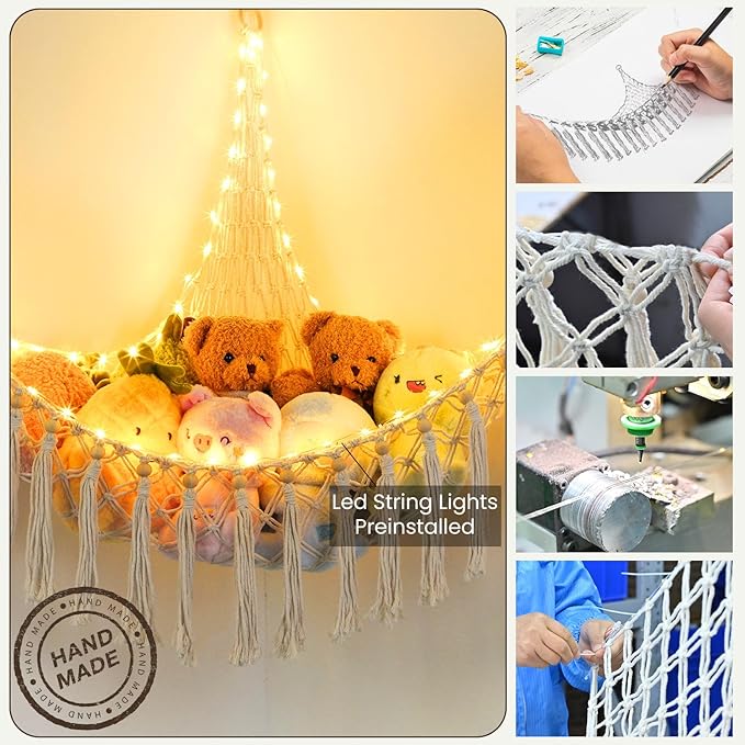 Stuffed Animal Hammock with 75LEDs, Extra Large 55in Toy Storage Macrame Hammock, Hanging Toy Net for Kids Bedroom Doll Room Corner Organizer, USB Plush Toy Hammock with Remote(XL)