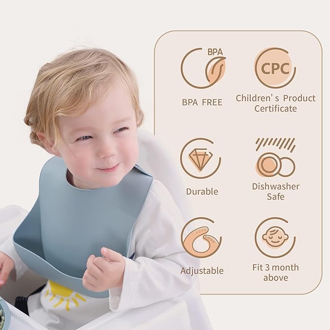 Moonkie Silicone Baby Bibs Set of 3, BPA Free Waterproof Baby Bibs for Eating, Soft Adjustable Silicone Bibs for Babies 6-12 Months, Toddler Bibs with Large Pocket Food Catcher (Ether/Sage/Cream)