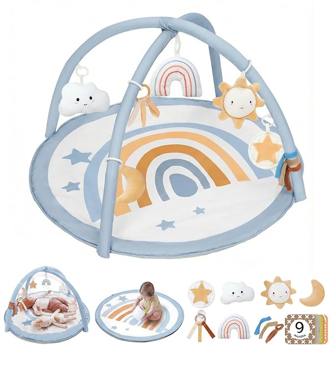 Little Dove Baby Play Gym Mat, Tummy Time Activity Mat with 7 Detachable Toys and 12 Milestone Cards for Stage-Based Sensory and Motor Skill Development, Washable Play Mats for Infant, Blue