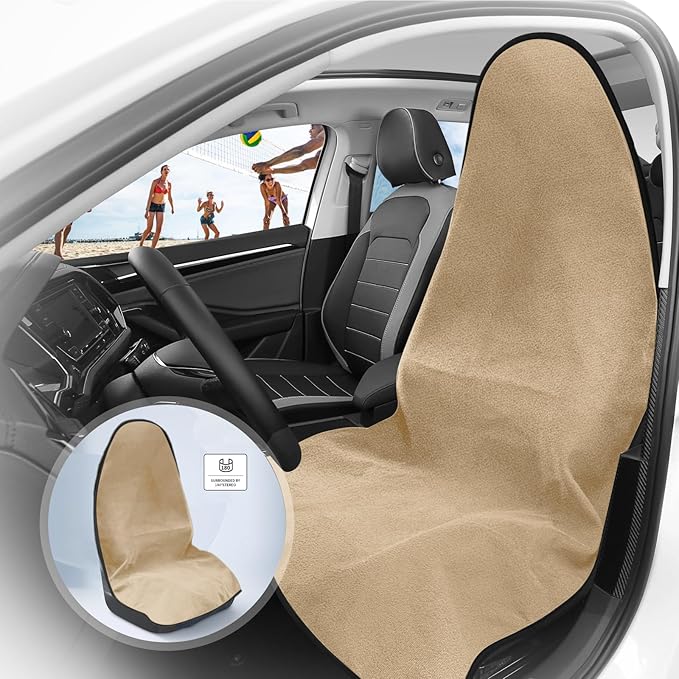 ZIMABLUE Towel Seat Cover - Waterproof Terry Cloth Front Seat Protector for Gym and Beach, Sweat-Absorbent, Non-Slip(Beige,1 Pack)