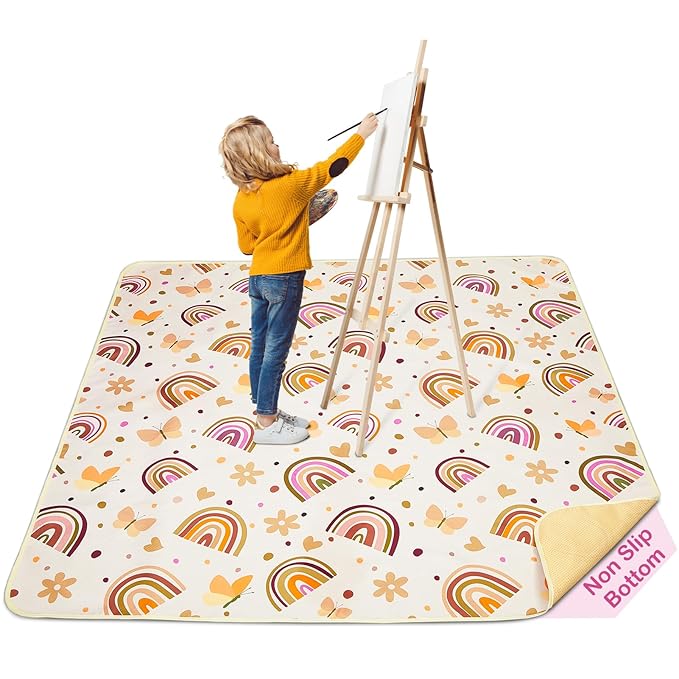 Basumee Splat Mat High Chair Mat Waterproof Baby Play Splat Mat for Under High Chair Food Catcher Highchair Mat for Floor Non Slip Bottom, Brown Rainbow, 60x60 Inches