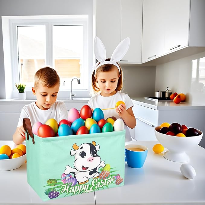 ASKETAM Cow Easter Basket for Kid Large Empty Baby Rectangular Cute Easter Gift Storage Basket Bunny Eggs Décor (Cow)