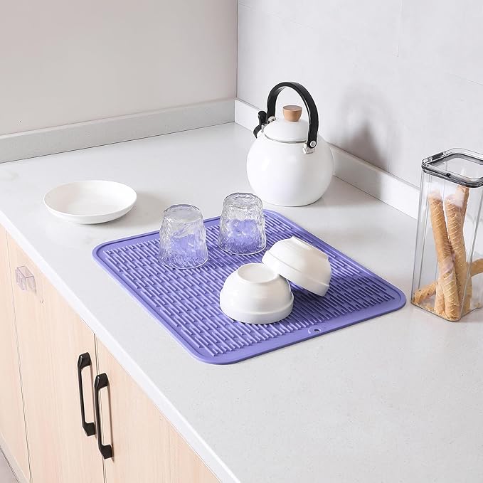 MicoYang Silicone Dish Drying Mat for Multiple Usage,Easy clean,Eco-friendly,Heat-resistant Silicone Mat for Kitchen Counter or Sink,Refrigerator or Drawer Liner Light Purple XL 18 inches x 16 inches