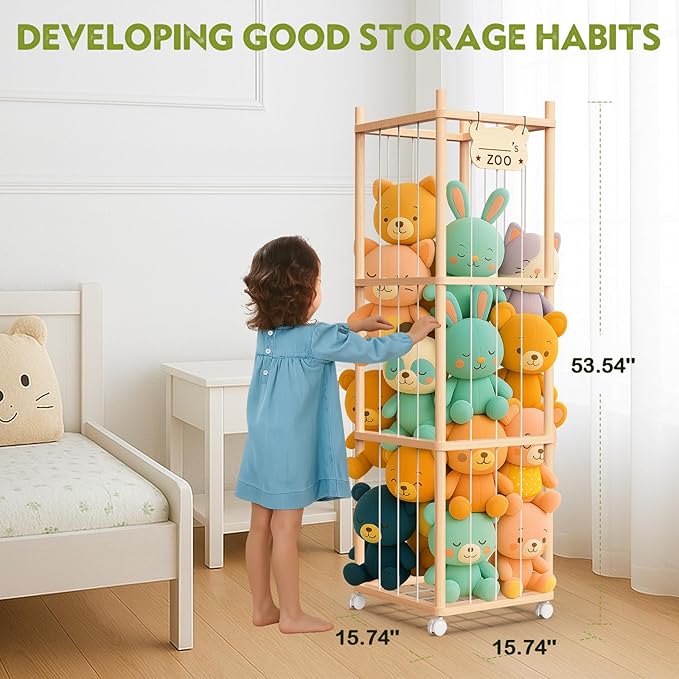 May Eileen Stuffed Animal Storage & Organizer, Wooden Cute Zoo Toy Holder for Toddler Rooms, Playrooms & Bedrooms, 53.54" x 15.74" x 15.74"