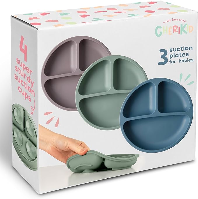 ChériKid Toddler Plates - FEATURES SUPER STRONG QUADRUPLE SUCTION - 100% Food Grade Silicone Baby Plates with Suction - Unbreakable Divided Kids Plates, Baby Essentials Dishes
