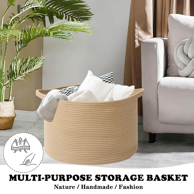 Large Storage Basket with Handle,19.7" L x 19.7" W x 13" H Blanket Basket Storage Bins for Organizing,65L Cotton Rope Woven Baskets for Living Room, Nursery,Bedroom,Camel