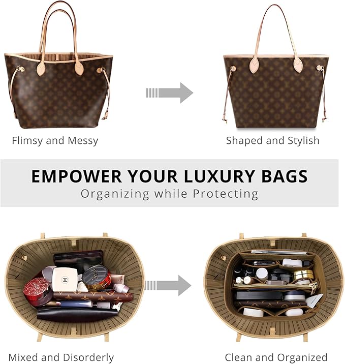 OPPOSHE Purse Organizer Insert for Handbags, Softened Felt Bag Insert Organizer for Tote, Compatible with LV, Coach, MK, Kate Spade, Goyard, Longchamp (Brown, Medium)