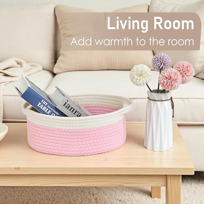 JMvicyroam Woven Basket,Small Rope Storage Bin with Handles & Ribbon Bag, Organizer for Shelves Closets,Gift Basket Empty for Birthday,Books,Dog Toys, White&Pink