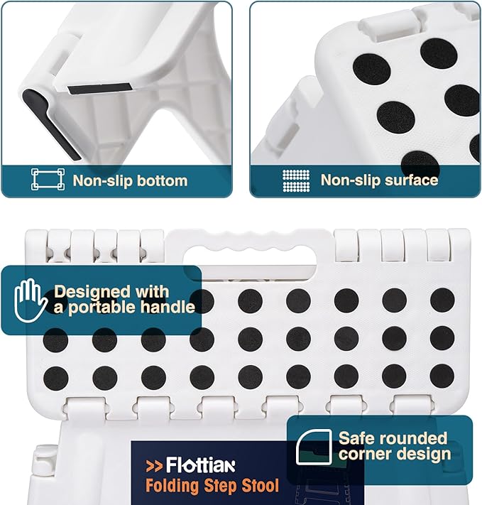 Flottian 9" Folding Step Stool for Adults and Kids Holds Up to 300 lbs,Non-Slip Folding Stools with Portable Handle, Compact Plastic Foldable Step Stool for Bathroom,Bedroom, Kitchen White