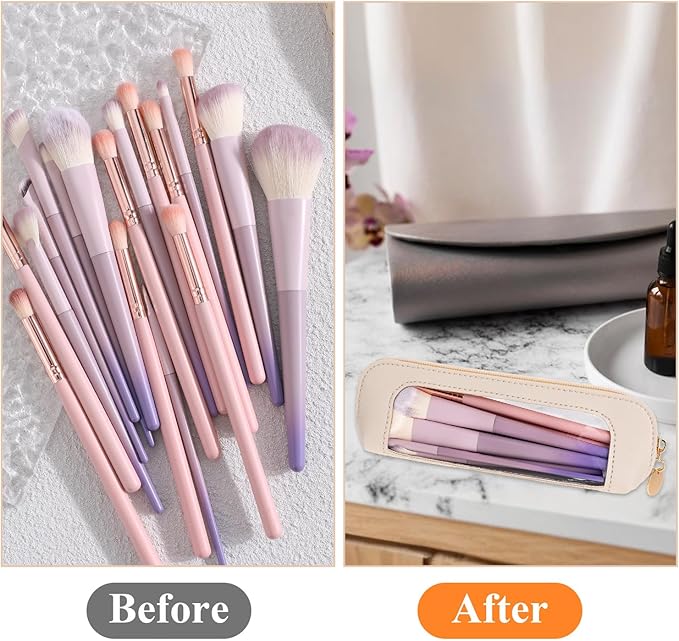 Small Clear Makeup Bag, PU Leather Travel Makeup Brush Case Portable Transparent Waterproof Cosmetic Organizer Pouch with Zipper for Women Home Travel Office Cosmetic Storage (Beige)