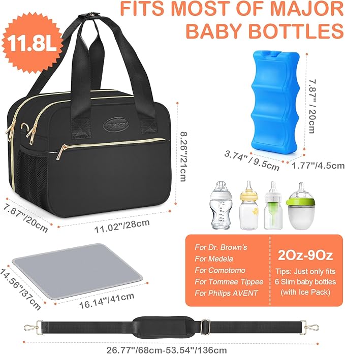 PIIOSER Breastmilk Cooler Bag with Ice Pack, Fits 6 Baby Bottles Up to 9 Ounce, Insulated Bottle Travel Bags with Shoulder Strap-Wearable Breast Pump Carrying Case for Nursing & Working Moms