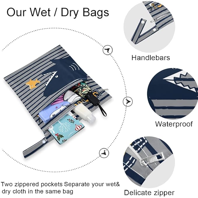 visesunny Black Shark Eatting Fish Stripe 2Pcs Wet Bag with Zippered Pockets Washable Reusable Roomy for Travel,Beach,Pool,Daycare,Stroller,Diapers,Dirty Gym Clothes, Wet Swimsuits, Toiletries