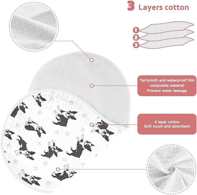 Qinllo 4 Pack Muslin Burp Cloths Boston Dogs Paw White Cotton Baby Burp Cloths Ultra Absorbent Soft Thick Burping Cloth for Newborn Babies 22x11 Inch