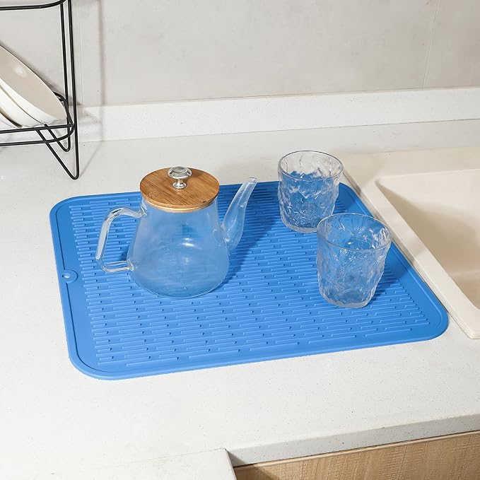 MicoYang Silicone Dish Drying Mat for Multiple Usage,Easy clean,Eco-friendly,Heat-resistant Silicone Mat for Kitchen Counter or Sink,Refrigerator or Drawer Liner Lichen BlueL 2XL 24 inches x 18 inches