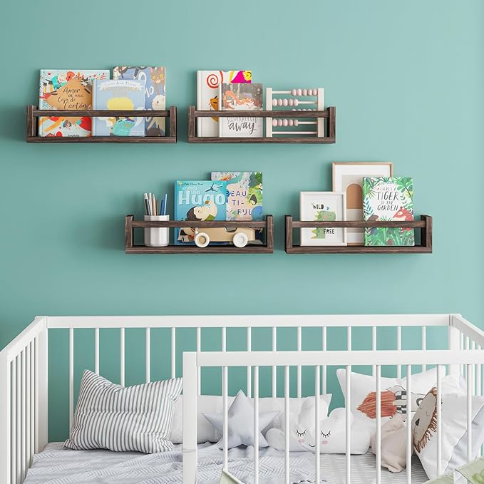 Fixwal Nursery Book Shelves, 16.5 Inch Floating Bookshelves for Nursery and Playroom Decor, Set of 4, Solid Wood Wall Mounted Shelves for Books and Toys Storage (Brown)
