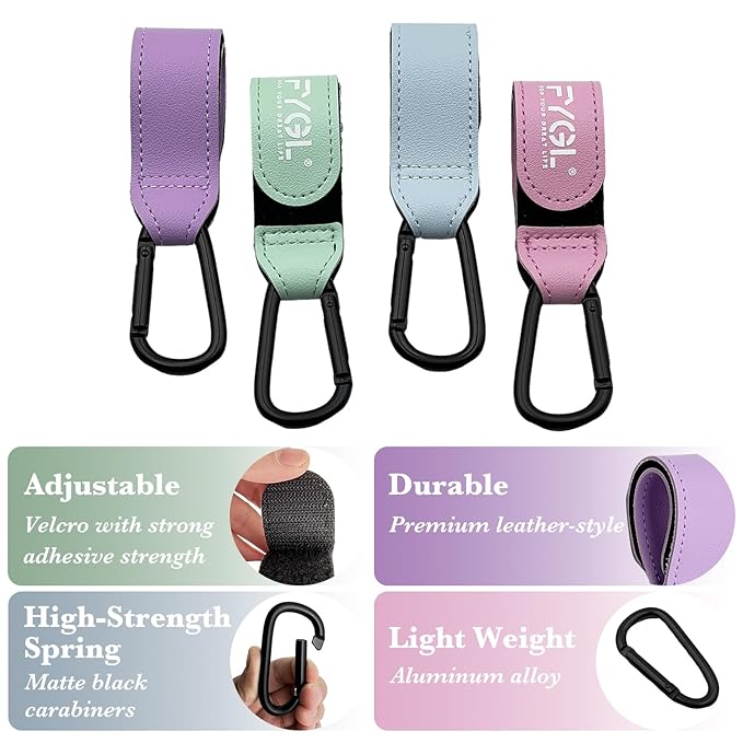 Stroller Hooks - Leather Buggy Clips, Pushchair Carabiner Clip for Bags, Easy Attachment for Pram, Universal Stroller Clips and Hooks, Stroller Accessories - Macaron (4 Pack)