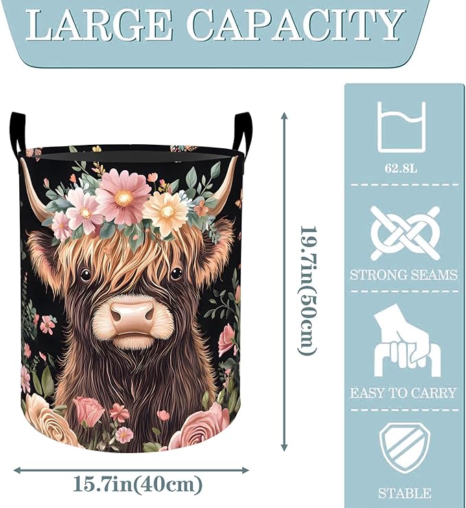 VODRM Highland Cow Floral Laundry Basket, Dirty Collapsible Clothes Toy Organizer Hamper for Kids Adults, Oxford Cloth Waterproof Storage Bin for Bedroom Bathroom Home Decor Gifts, 19.7"X15.7"