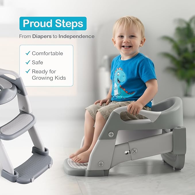 3-in-1 Toddler Potty Training Toilet Seat with Ladder | Foldable Toilet Potty Training Seat with Step Stool Ladder | 5-Level Adjustable Height | Soft Cushion, Splash Guard & Anti Slip Pad