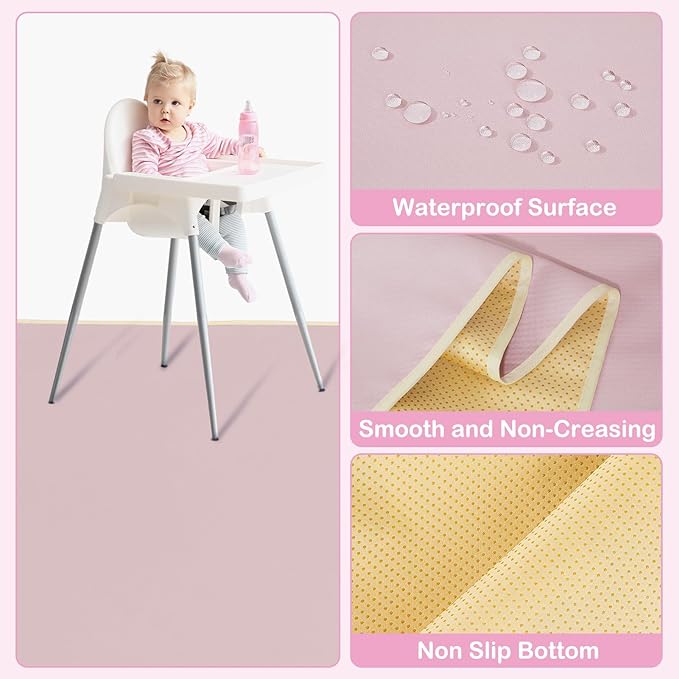 Basumee Splat Mat High Chair Mat Waterproof Baby Play Splat Mat for Under High Chair Food Catcher Highchair Mat for Floor Non Slip Bottom, Pink, 46x42 Inches