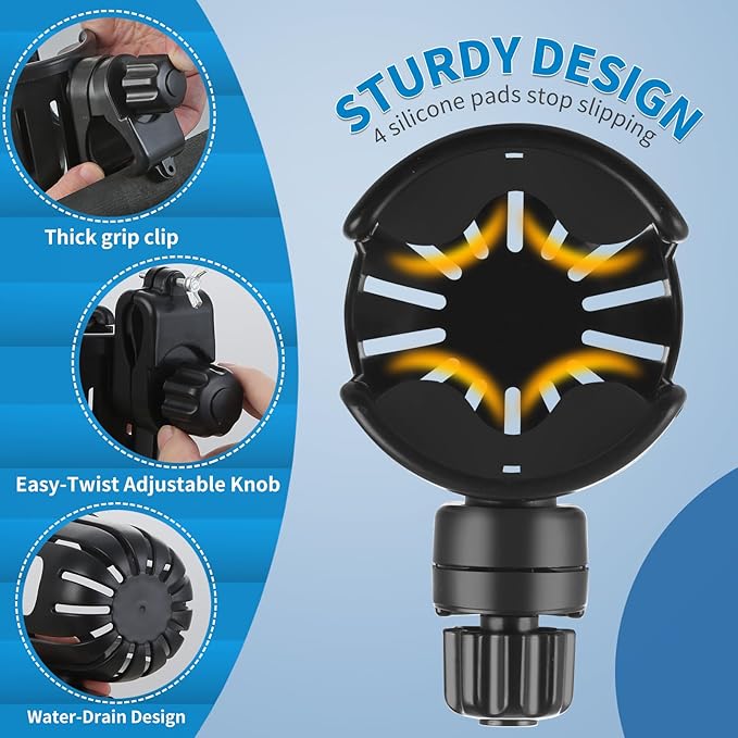 Stroller Cup Holder Compatible with Bob, Clip on Cupholder Attachment for Stroller, Cup Holder with Adjustable Clamp, Fits Most Cups, for Wheelchair, Walker, Bike, Scooter, Black