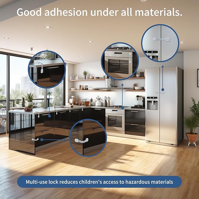Vkania Child Proof Cabinet Locks - Cabinet Locks Baby Proofing with 3M Adhesives for Refrigerator, Oven, Cupboards, Toilet Seat - Adjustable,Easy Installation,No Drilling (4 Pack)