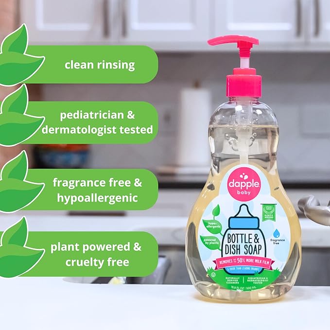 Dapple Baby Fragrance Free Bottle & Dish Soap - (3 Pack) 16.9 fl oz - Cleans Baby Bottles, Sippy Cups, Pacifiers, Breast Pumps, & More - Gently Removes Milk Film & Odors - Includes 1 Pump