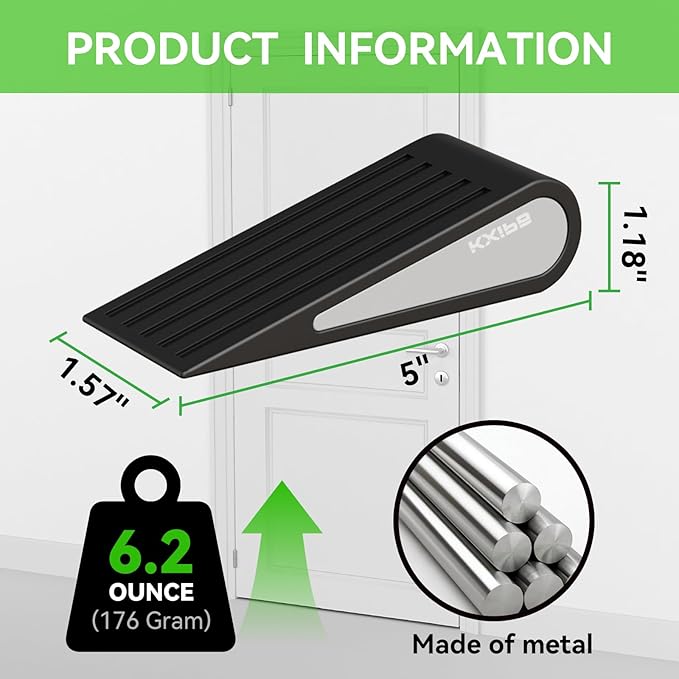 2 Pack Rubber Door Stopper Wedge - Black Non-Slip Soft TPR High-Elastic & Zinc Alloy Metal Material Door Stops for Bottom of Heavy Duty Door Wall Protector for Home & School with Self Adhesive Holder