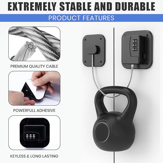 Refrigerator Lock - 2 Pack Cabinet Locks with Strong Adhesive, ABS Plastic & Steel Cable, 3 Digit Combination Code Locks for Fridge, Cabinets, Closets & Drawers Easy to Install No Keys Needed (Black)