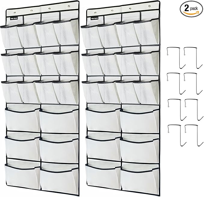 2 Pack Extra Large Hanging Over Door Shoe Organizers, 12 Mesh Pockets + 6 Large Mesh Storage Various Compartments with 8 Hooks Shoes Holder for Closet Bedroom, White (59 x 21.6 inch)