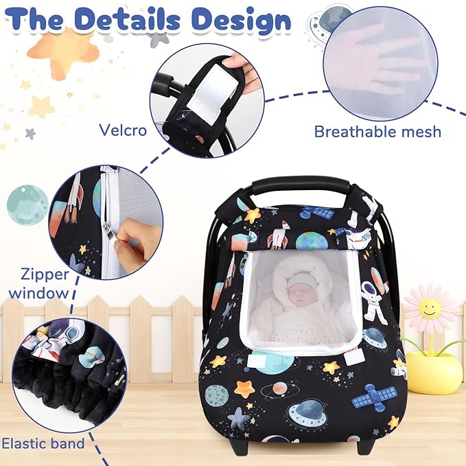 Baby Car Seat Cover, Windproof Carseat Cover for Infant Girls, Infant Warm Carseat Canopy with Double Layer Fabric for Winter, Compatible with Most Baby Car Seat, Space