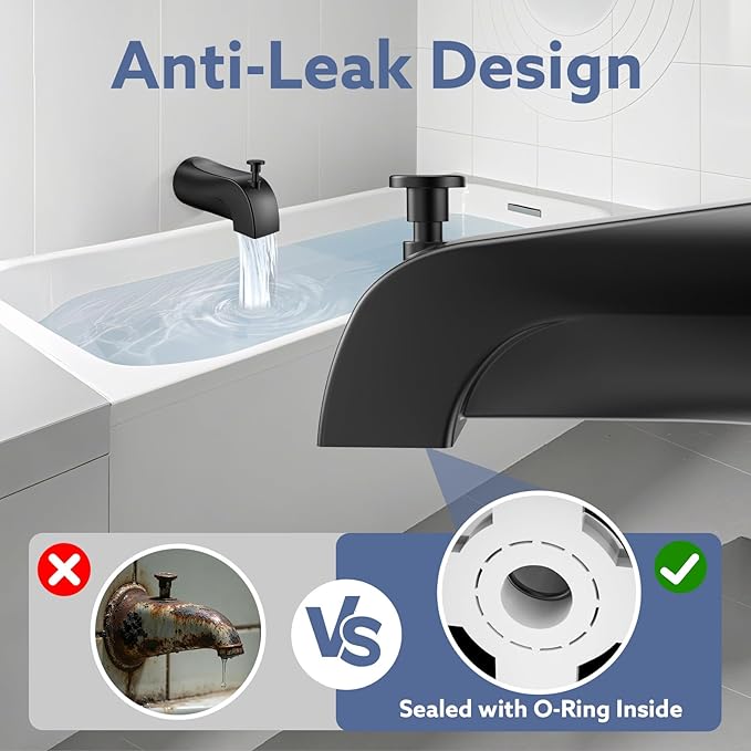 Tub Spout with Diverter – Slip-Fit Bathtub Faucet Spout Replacement, 1/2” Copper Pipe Connection, Easy to Install, Universal for Bathroom Shower (Matte Black)