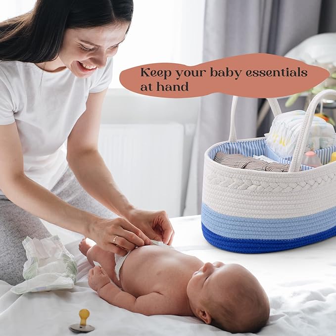 luxury little Diaper Caddy Organizer, Large Cotton Rope Nursery Baby Basket, Changing Table Organizer for Baby Diaper Storage, Portable Car Organizer Removable Divider (Blue, Large)