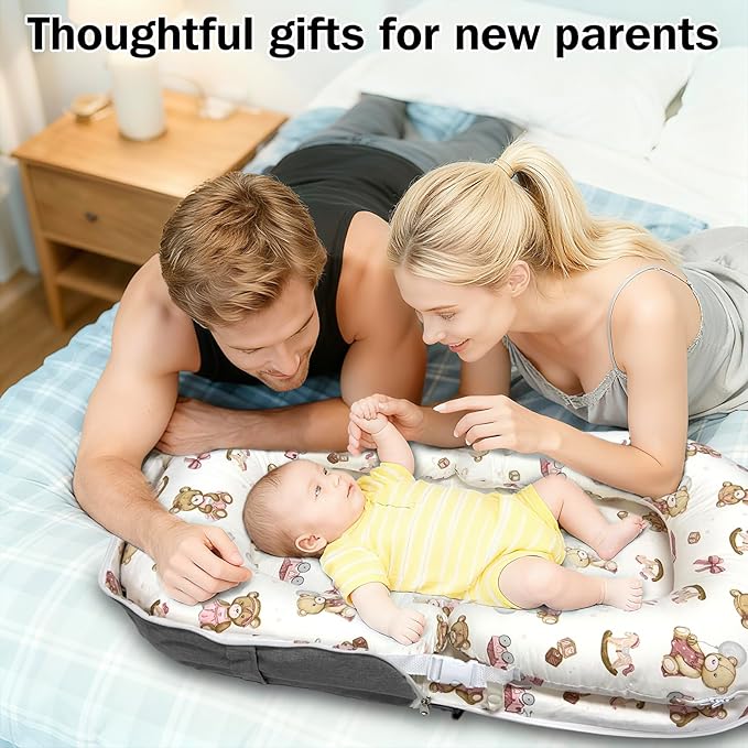 Baby Lounger, Foldable Portable Waterproof Baby Nest Cover, 0-24 Months Newborn Tummy Time Training & Seating Support Pillow, Dual-Use Breathable Infant Lounger Backpack for Home & Travel (Pink Bear)
