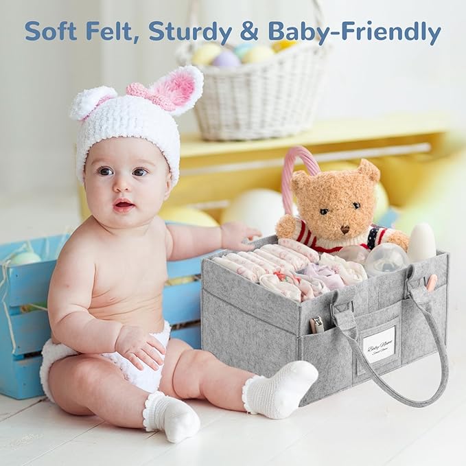 Diaper Caddy Organizer, Newborn Essetials Must Haves, Baby Registry Search and Other Baby Stuff, Collapsible Baby Basket with Handle and a Photo Frame, Grey, 11.8 x 6.3 x 9.0 inch