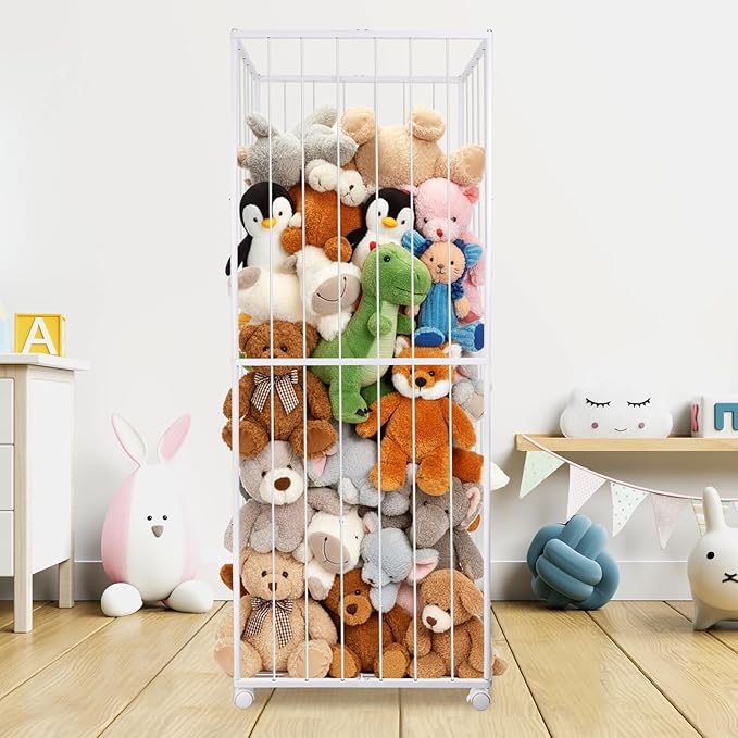 BETBEM Stuffed Animal Storage, Metal Tube Extra Large Toy Storage Organizer with Brake Wheels, Stuffed Animal Holder Zoo Organizer for Nursery Playroom Kids Room White(61” x 23.6”x 16.5”)
