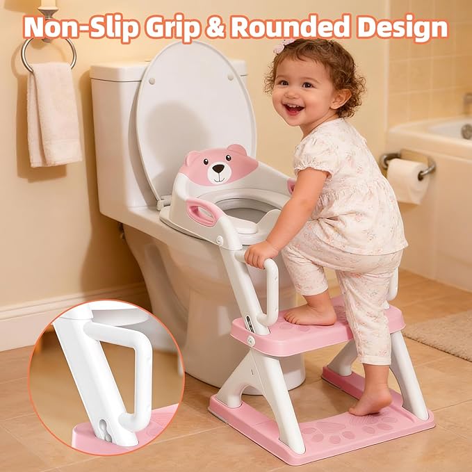 Potty Training Seat, SKYROKU Upgrade Toddler Toilet Seat for Kids Boys Girls,2 in 1 Potty Training Toilet,Splash Guard Anti-Slip Pad Step Stool,New Sector-Shape Stabilized (8899Pro-Pink, Classic)
