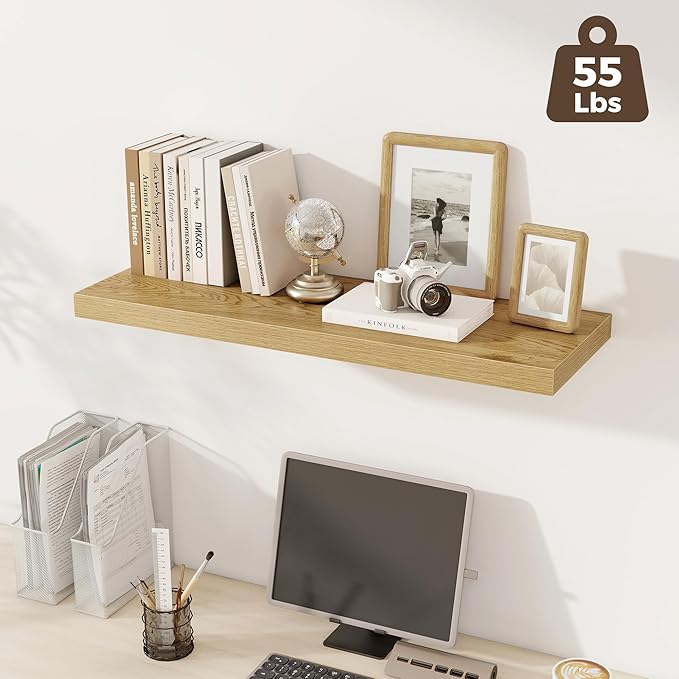 Fun Memories Deep Floating Shelves, 36" W x 12" D Wood Floating Shelves for Wall, 2 Pack Extra Deeper & Thicker Wall Mounted Storage Shelf for Living Room Laundry Room Kitchen Home Office, Oak