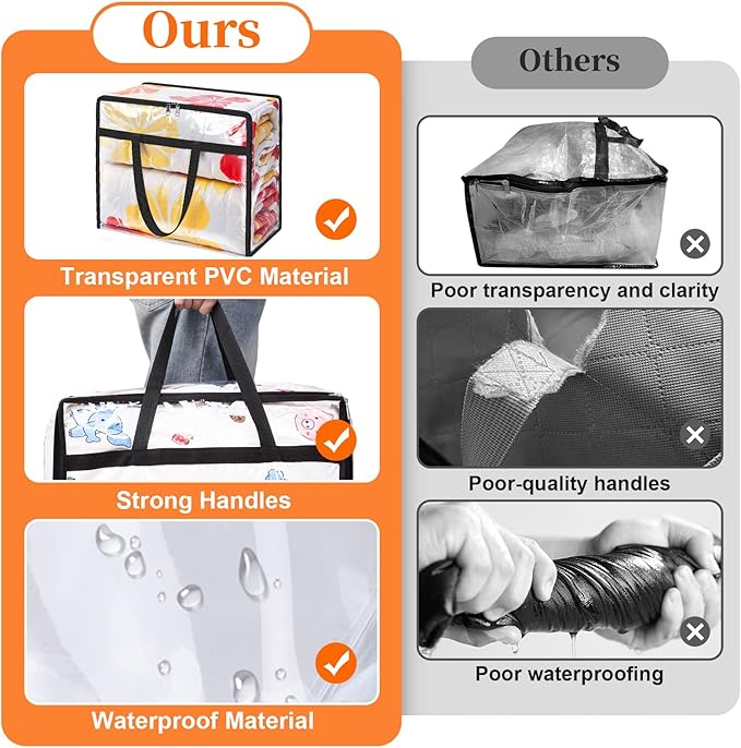 Clear Clothes Storage Bags, 6 Pack Closet Organizers and Under Bed Storage Containers, Foldable Moving Bags with Zippers for Comforter, Blanket, Bedding, Duvet, PVC Packing Bags 90L