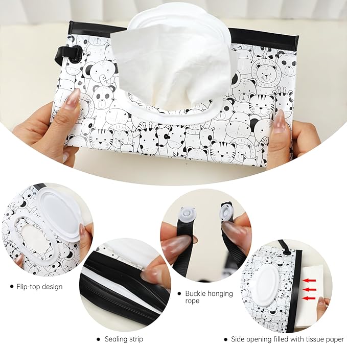 2Pack Baby Wipes Dispenser Portable Baby Wipe Holder Refillable Wet Wipes Container Reusable Travel Wipes Case, Keeps Wipes Fresh (Black)